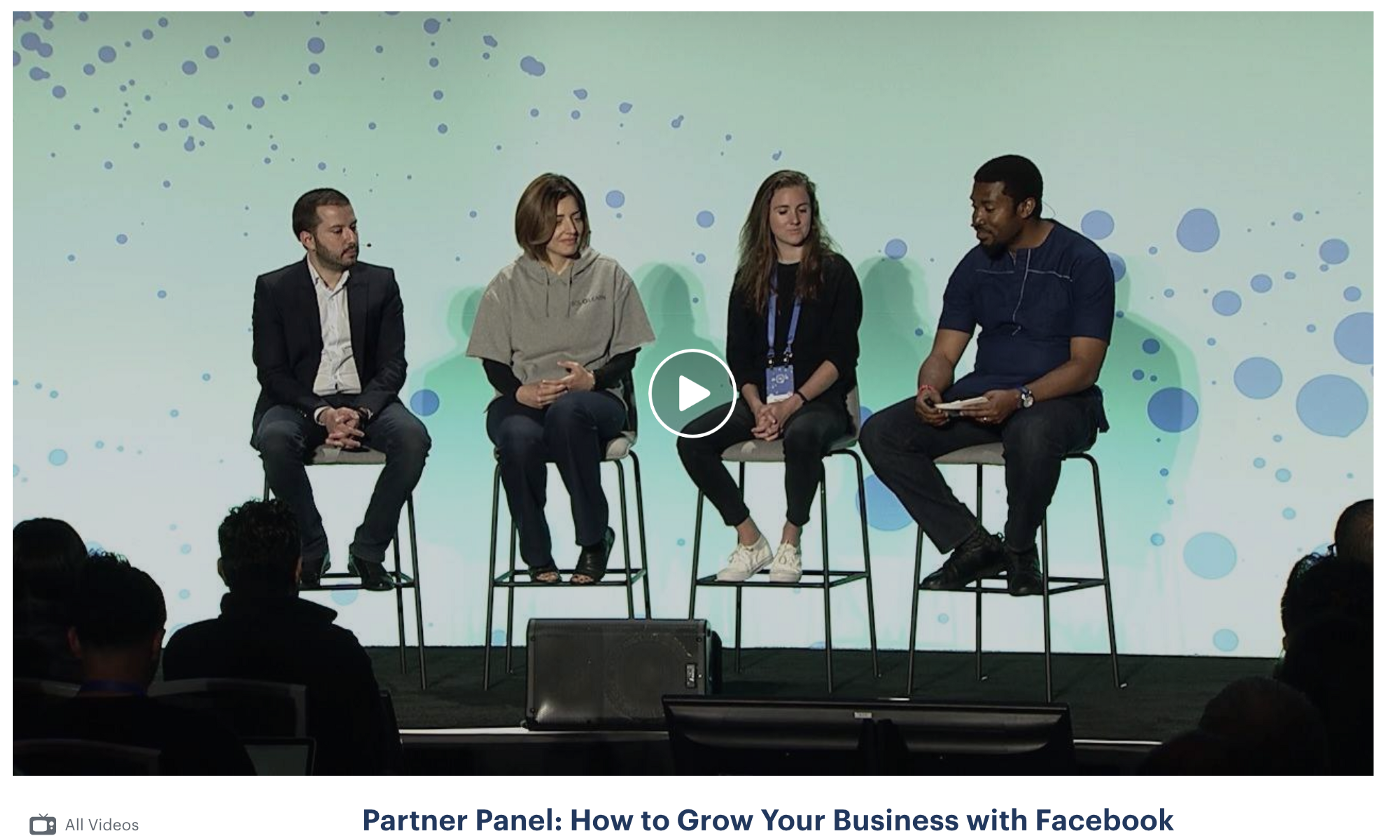 Video Emeka (paling kanan) di stage F8 2018. Link: https://developers.facebook.com/videos/f8-2018/partner-panel-how-to-grow-your-business-with-facebook/