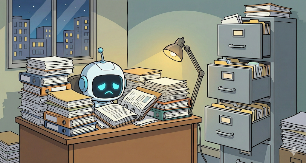 Ilustrasi meja yang penuh dokumen