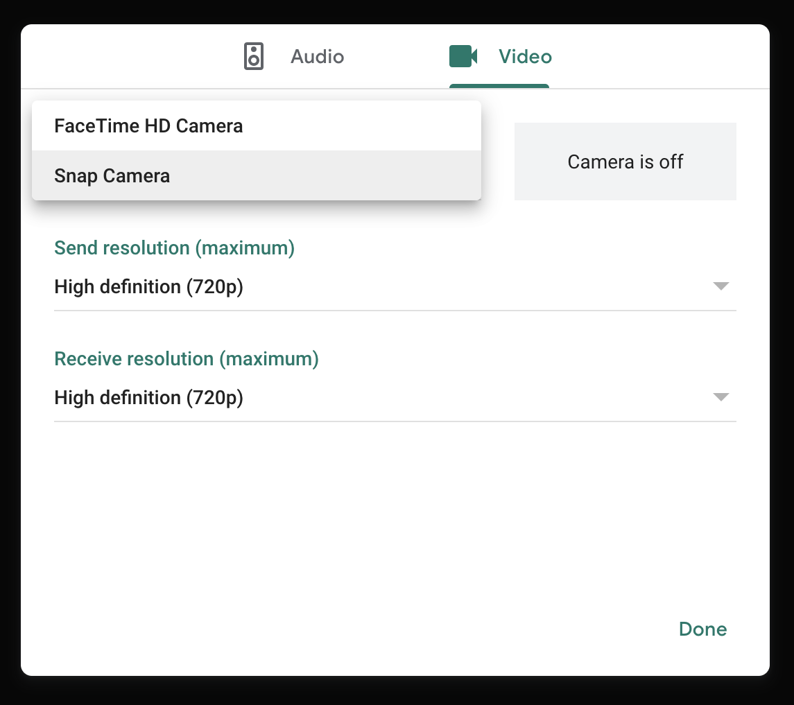 Setting pemilihan webcam di aplikasi Google Meet