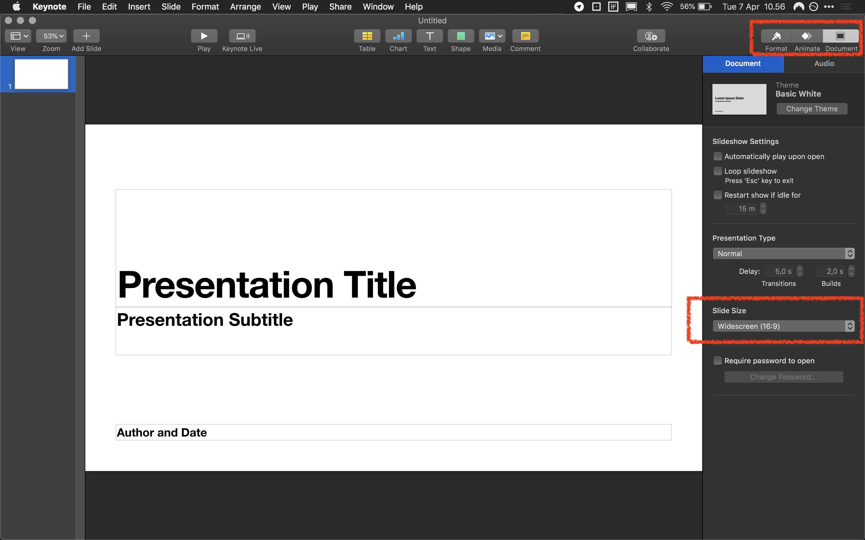 Memilih setting dokumen dengan ukuran widescreen di aplikasi Keynote