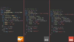 Perbandingan sintaks OCaml, Reason lama, dan Reason terbaru.